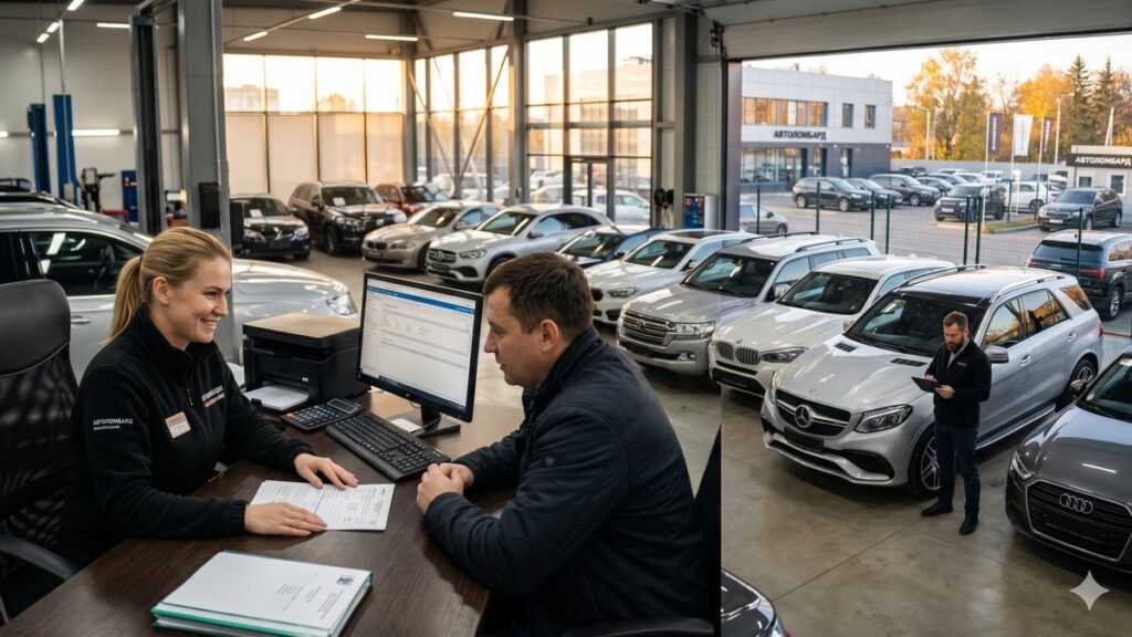 Современный офис автоломбарда в Московской области с автомобилем и сотрудником на фоне.
