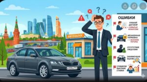 Иллюстрация с автомобилем и документами, символизирующая типичные ошибки при выборе автоломбарда в Подмосковье